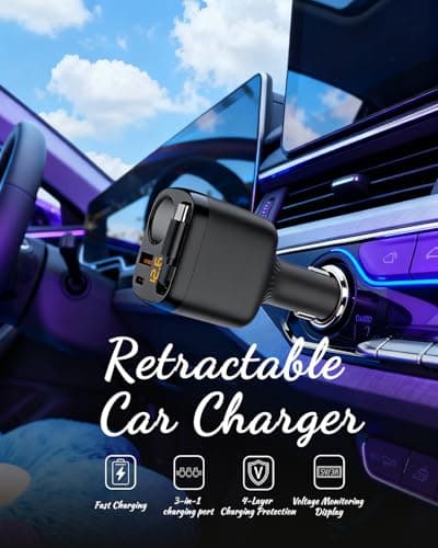 Retractable Car Charger 3-in-1, 78W Fast Car Charger with Built-in 30W USB C Cable & Cigarette Lighter Splitter, Car Accessories Gift for Men Women, for iPhone 17 16 15 14, Galaxy, Pixel — view 2