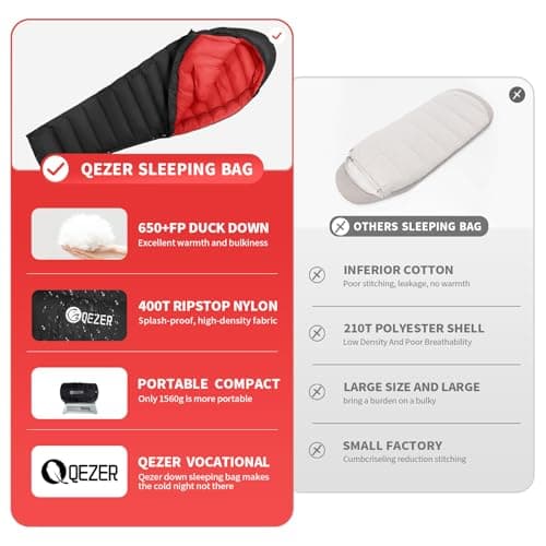 QEZER Winter Sleeping Bag for Adults, Lightweight Down Sleeping Bag -20 Degree C for Cold Weather Camping and Mountaineering Outdoor with 650 FP Duck Down (Black, 1000g down) — view 6