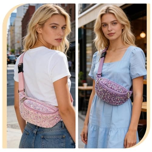 XSDSLS Bum Bag Sequins Women's Bum Bag Hip Bag Shiny Shoulder Bag Crossbody Bag Belt Bag Fanny Pack for Travel Festival Party Everyday Life (Pink) — view 6