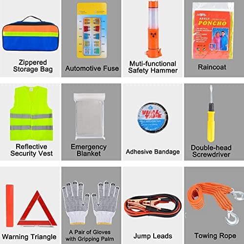 KAHEIGN 12 in 1 Car Emergency Kits, Auto Safety Tools Car Breakdown Kit Included Warning Triangle, Visibility Vest, Tow Rope, Utility Hammer, Jump Lead, Car Fuse, Storage Bag - for EU Road Assistance — view 2