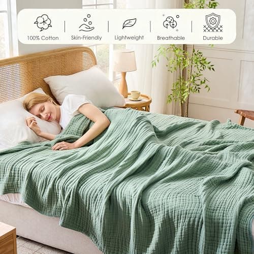 VANJOROY 100% Natural Cotton Throw Blanket, 6-Layer Muslin Organic Soft Cozy Lightweight Large Bed Throw for Sofa and Armchair - All Season Gauze Blanket,Green-130x150cm — view 3