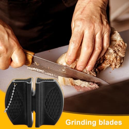 Rrumyve Portable Double-Sided Knife Sharpener, Small Hanging Design Comfortable Kitchen Knife, Mini Kitchen Knife Sharpener, for Family, Camping Tours or Outdoor Survival (Black) — view 5