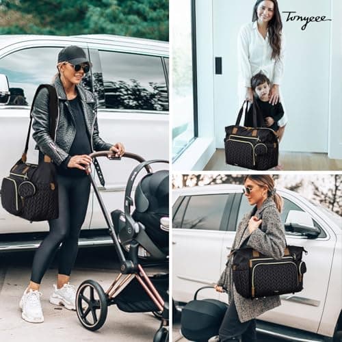 Tonyeee Baby Changing Bag Tote, Large Nappy Diaper Tote Bag for Mum Dad, Travel Baby Bag with Changing Mat, Pacifier Case, Insulated Bottle Pocket, Black — view 2
