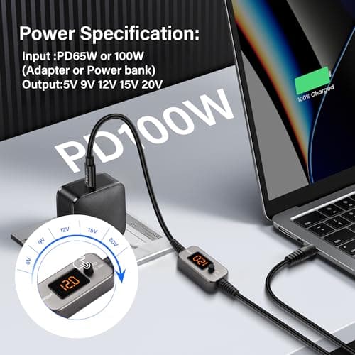 SinLoon PD to DC Converter Cable | 100W Adjustable Voltage (5V/9V/12V/15V/20V) Type-C Male to DC5521 Male | 10-in-1 Adapter Heads | 1.2m Black Braided Cable — view 4