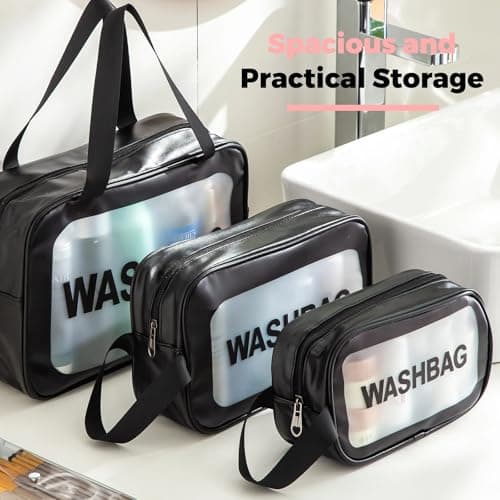 Woobroo Clear Travel Toiletries Bag for Women, 3 Pack Toiletry Bags with Zippers Travel Essentials PVC Waterproof Cosmetic Clear Wash Bag for Girls, Black — view 4