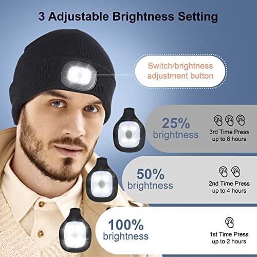 Unisex LED Lighted Beanie, USB Rechargeable Headlamp Hat, Cap with Light Hands Free Head Torch, Winter Warm Gifts for Men and Women Black — view 3