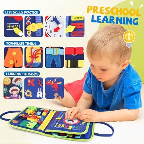 LATERN Busy Board Montessori Toy for Kids, 28CM x 21CM Educational Learning Activity Sensory Board Developing Sensory Fine Motor Skills Toy for Boys Girls Gift Plane Car Travel (Blue) — view 5