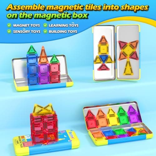 Mini Magnetic Tiles Travel Set with Metal Tin Box, Building Toys for Kids Ages 3-8 Portable Montessori STEM Travel Toys for Boys & Girls Christmas Birthday Gifts — view 6