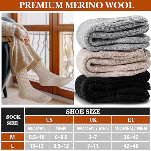 Sandsuced Merino Wool Thermal Boot Socks for Men Women Winter Warm Thick Cosy Walking Hiking Work Stocking Fillers Socks 3 Pairs(Black/Grey/Beige,M) — view 5