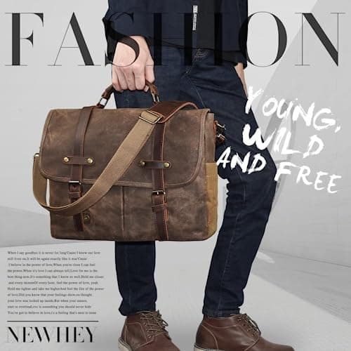 NEWHEY Mens Laptop Shoulder Canvas Messenger Bag Waterproof Computer Briefcase Notebook Vintage Satchel Designer School Work Bags Brown 15.6 Leather — view 2