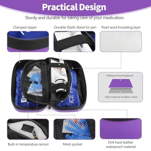 HIMDUZE Insulin Cooler Travel Case TSA Approved Refrigerated Medicine Cooler for Travel w/Thermometer Temperature Diabetic Case w/2 Reusable Ice Packs for Daily Life Trip, Purple — view 2