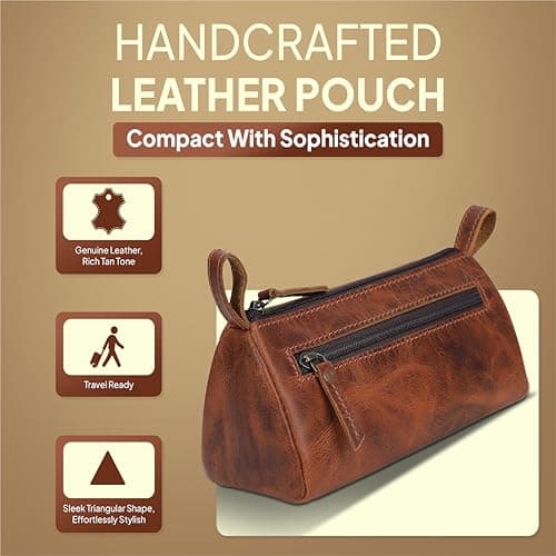 TheAntiq Leather Toiletry Bag Travel Dopp Kit for Men & Women Leather Makeup Organiser with Zipper Compartments Compact Travel Pouch Tan 8x3.5x3.5 Inch — view 5