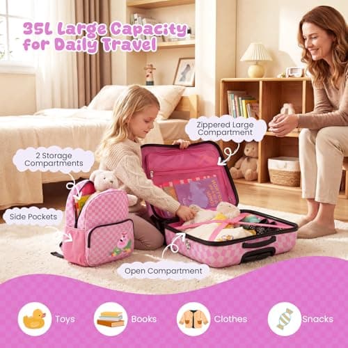 COSTWAY 2PCS Kids Luggage Set, Children Backpack and Ride-on Suitcase with Footrest, Anti-Lose Rope, Travel School Trolley Hardshell Case for Boys Girls (Flamingo, 28cm Backpack + 33cm Suitcase) — view 2