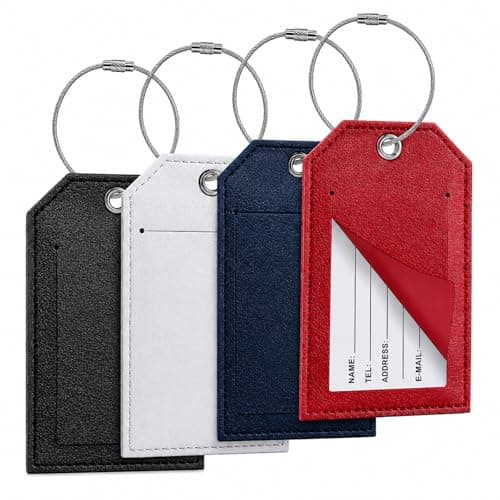 Redamancy 4 Pcs Luggage Tags, Leather Suitcase Tags, Baggage Tags with Adjustable Strap Privacy Protection Cover for Preventing Loss of Bags and Suitcases(Black, Red, White, Blue)