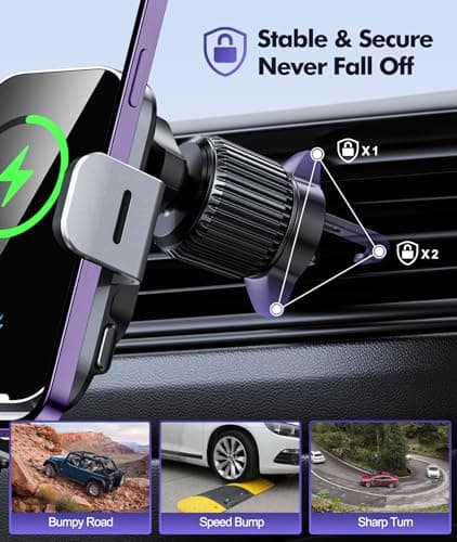 ISEYOU Car Phone Holder Wireless Charger, 15W Fast Charging Auto Clamping Wireless Car Charger, 360° Rotation Air Vent Mount With Electric Sensor Compatible For iPhone 17 16 15 Pro Max, Samsung Galaxy — view 4
