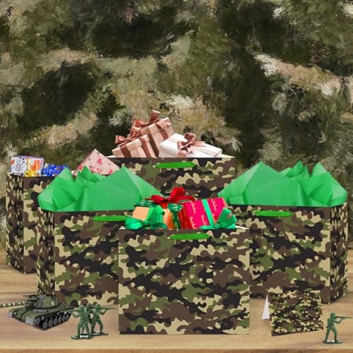 Camouflage Birthday Gift Bag with Card & 3 Sheets Green Tissue Paper, Army Military Theme Present Bag for Boys Men, Large Luxury Camo Wrap for Soldiers, Father's Day, Kids Party — view 5