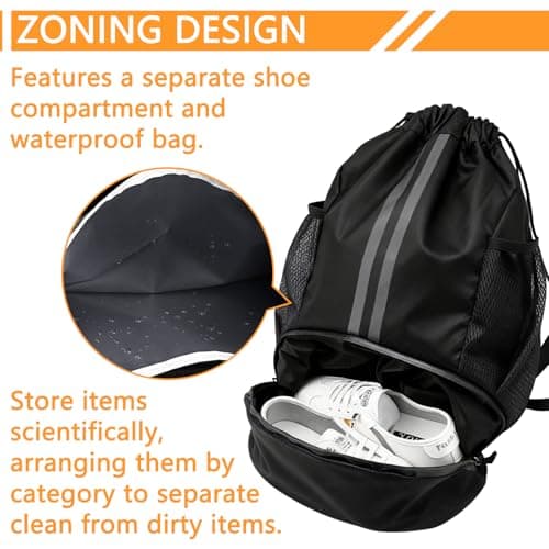 YANJINGSHE 35L Waterproof Drawstring Bag - Sports & Swimming Backpack with Shoe Compartment & Wet/Dry Pockets and mesh Water Bottle Pocket for Gym, Football & PE Kit (Black) — view 4