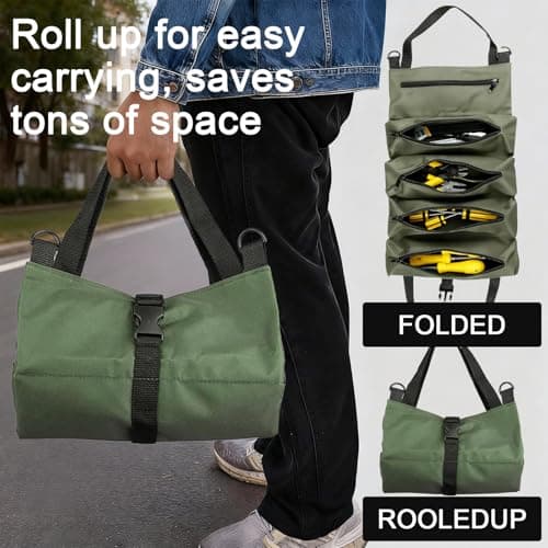 Tool Roll Bag Canvas Small Tool Bag Multi-Purpose Tools Box Organiser with 5 Zip Pockets Chisel Spanner Roll Ideal for Craftsmen Plumbers and Electricians Armygreen — view 6