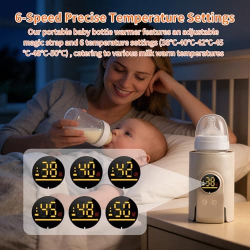 Portable Bottle Warmer, Rechargeable Baby Bottle Warmer with 6-Speed Adjustable Temperature and 18W Fast Heating, Baby Milk Warmer with LED Temperature Display and Night Light, Travel-Friendly — view 3