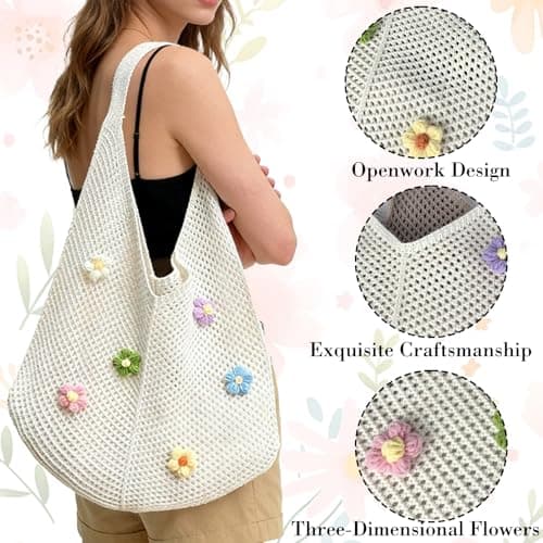 FOSDICK Crochet Beach Bags for Women, Summer Beach Tote Bag, Weave Large Capacity Pool Bag Featuring Six Flowers, Foldable Holiday Bags for Women for Travel Shopping Picnic (Off White) — view 6