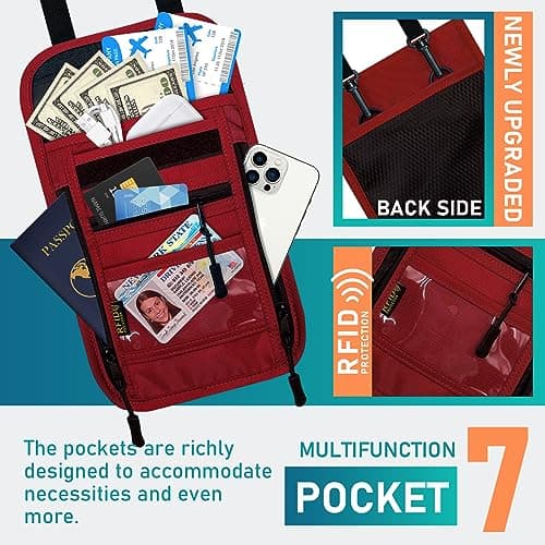 sundee Travel Neck Wallet with Double Zippers, RFID Blocking Passport Holder with Adjustable Neck Strap for Men and Women to Keep Cash, Credit Cards and Travel Documents Safe, Red, Small, Classic — view 2