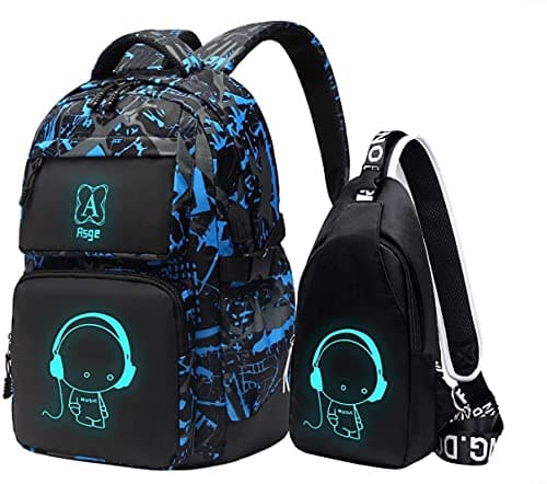 Asge School Bags for Teenage Boys Camo Casual Backpacks Luminous Unisex Kids Rucksack Travel Canvas Daypack College Bookbag Waterproof Lightweight Student Back Pack Sling Shoulder Backpacks Set