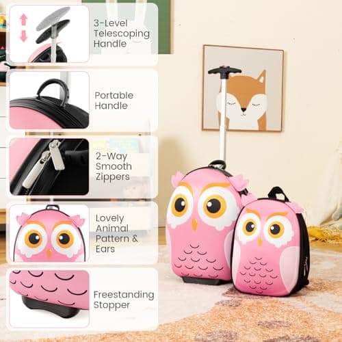 HOMFME 2 PCS Kids Luggage Set, Children Suitcase and Backpack Set with Adjustable Handle and Universal Wheels, Hard Shell Toddler Trolley Case for Travel School (12 + 16 Inch, Pink Owl) — view 2