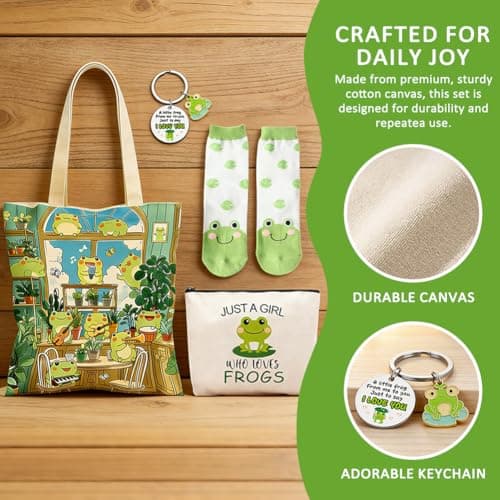 CYGMRFH 4Pcs Frog Lover Gifts for Women – Canvas Tote Bag, Makeup Pouch & Keychain, Just a Girl Who Loves Frog Sock, Reusable Shopping Shoulder Bag Set for Women Work Travel Birthday Gift — view 4