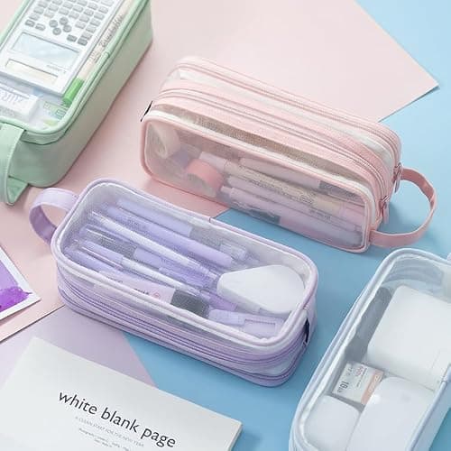 Deyaah Large Clear Mesh Pencil Case Pouch, 2 Compartment Pen Bag Multifunction Pencil Pouch Transparent Makeup Bag for Teen Student College Business Travel Office Adult (Purple) — view 2