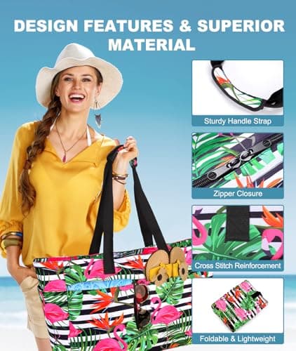 ISEYOU Extra Large Beach Bag, Waterproof Beach Bags with Zip, Lightweight Foldable Beach Tote Bags, Large Capacity Multi-Pocket Beach Bags for Women, Perfect for Pool Shopping Travel Vacation Gym — view 6
