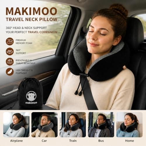Makimoo Memory Foam Travel Pillow, Neck Pillow with 360-Degree Head Support, Comfortable and Lightweight, Ideal for Sleeping on Airplane, Car, Train, Bus and Home Use, Comes with Storage Bag (Black) — view 3