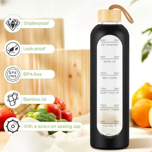 AOOWU Glass Water Bottle with Time Marker, 1000ml Leak-proof Sports Glass Water Bottle with Bamboo Lid, Sports Drinking Bottle, Reusable Silicone Case Glass Drinking Bottle, Motivational Water Bottle — view 6
