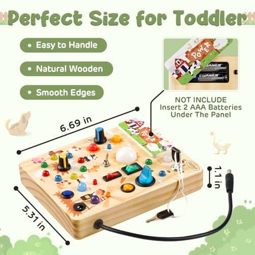 Joyreal Montessori Busy Board 2 Year Old, Fidget Board with 19 LED Lights, Wooden Sensory Toys for Toddlers, Activity Board Educational Toys Travel Toys for Boys Girls 2 3 Year Olds (Farm) — view 5