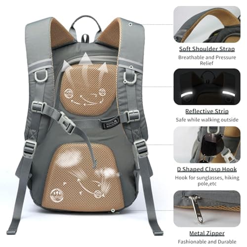 Lightweight Hiking Backpack, 30L Women/Men Waterproof Travel Rucksack Bag with Rain Cover, Outdoor Small Foldable Daypack for Student, Fit for 15.6 inch Laptop (Grey, 30L) — view 4