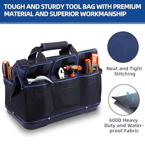 ROCKCOON Tool Bag 16'', Multi-pocket Tool Organizer with Water Proof Rubber Base, Heavy Duty Tote with Shoulder Strap for Tool Storage, Black & Blue — view 6