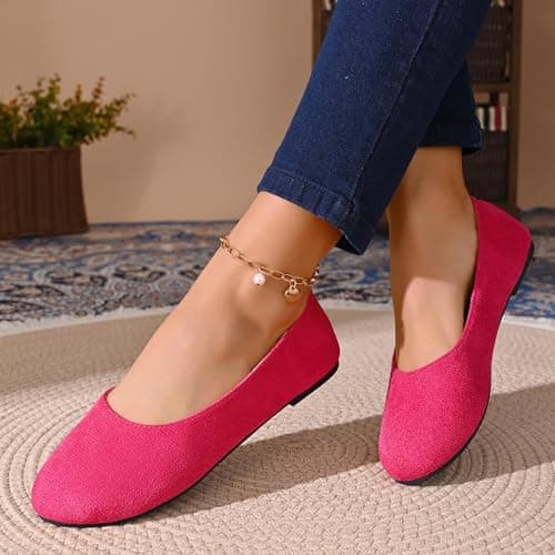 Suede Flat Shoes for Women Size 6 Ballerina Shoes Formal Casual Pumps Work Smart Office Comfort Ladies Ballet Flats Round Toe Shoe Hot Pink Gift — view 4