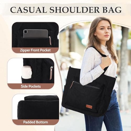 Kasgo Corduroy Tote Bag for Women, XXL 15.6" Laptop Work College Bag, Black — view 5