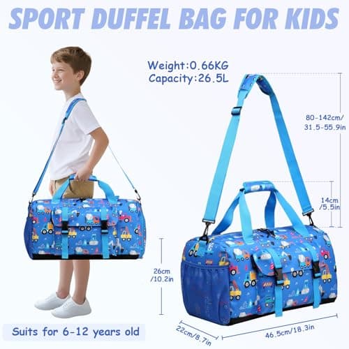 Kasgo 26.5L Kids Travel Sport Duffel Bag - Wet-Dry Shoe Pocket Blue Car — view 2