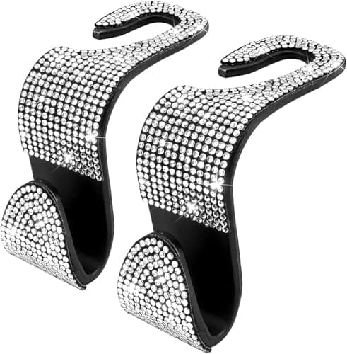 Amazleer Car Hooks, Bling Rhinestones Crystal Backseat Hanger, Universal Seat Back Organiser for SUV Truck Vehicle, 2 Pack (Silver)