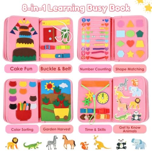 Gatphy Busy Board for Toddler 1 2 3 Year Old, Felt Quiet Book Sensory Toy Baby Travel Busy Board Preschool Educational Montessori Learning Book for Journey Plane Car, Boys Girls Gift (Pink) — view 3