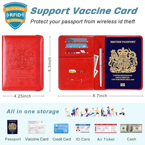 DMLuna Passport Holder, Premium PU Leather Travel Passport Wallet RFID Blocking Passport Cover Case Travel Documents Organizer with Pen Holder, for Women and Men - Red — view 3
