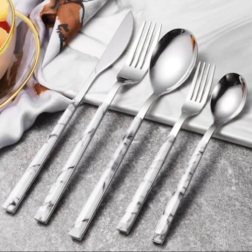 BLMAGS Beautiful Stainless Steel Cutlery Set Marble pattern Handle Table Knife Fork Spoon Utensil Mirror Polished Silverware Flatware Set Practical — view 3