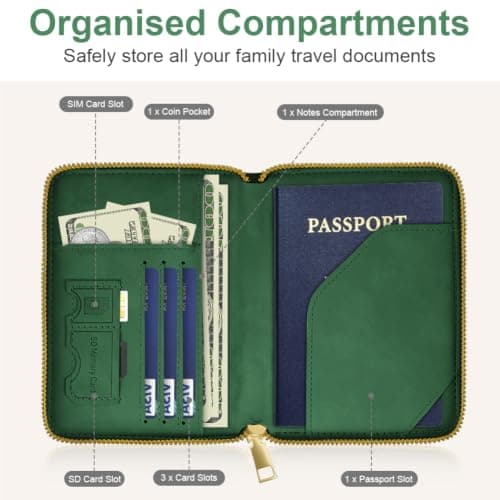 AOOSU Travel Wallet, Family Passport Holder, RFID Blocking Travel Accessories Document Organiser, Travels Document Holder for Tickets Waterproof Cover Holiday Essentials Case for Man & Woman Green — view 5