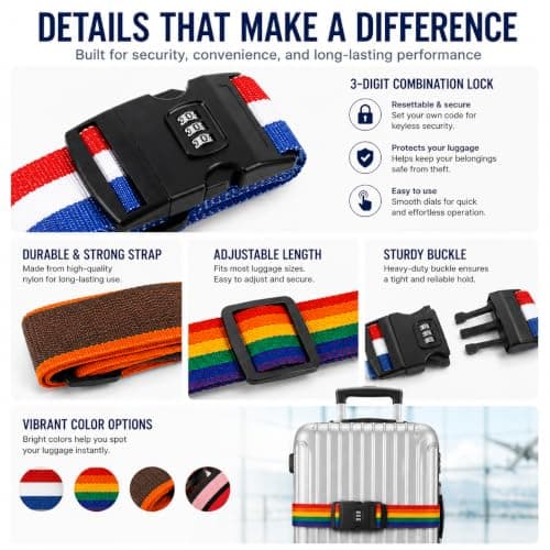 Luggage Straps with Locks, 4 PCS Personalised Luggage Straps for Suitcases, Adjustable Lockable Colourful Suitcase Belt for Luggage — view 2
