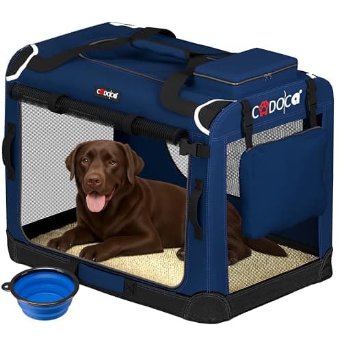 CADOCA Dog Crate Carrier, Car Foldable Travel Cage + Bowl, XXL Navy Blue
