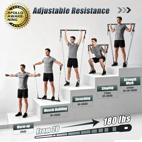 ALongSong Pilates Equipment Pilates Reformer Bar Set With 6 Elastic Resistance Bands 20-180LBS & Door Anchor for Full-Body Fitness Toning & Muscle Building | Home Workout/Gym/Travel-Black — view 2