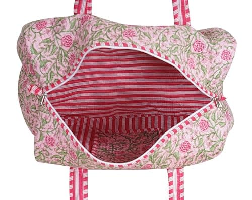 LKGSM Handmade Cotton Quilted Weekender Bag, Floral Indian Print Duffle, Bohemian Overnight Travel Tote for Women, Large Carry-on Luggage, Floral Gym Bag, D, 20x10x10 inches, New Design — view 3