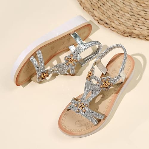 LUNATECH Summer Sandals For Women Flat Sandals Ladies Sandals Summer Shoes Dressy Casual Sandals Bohemian Sandals (SILVER, Adult, Women, 7, Numeric, UK Footwear Size System, Medium) — view 3