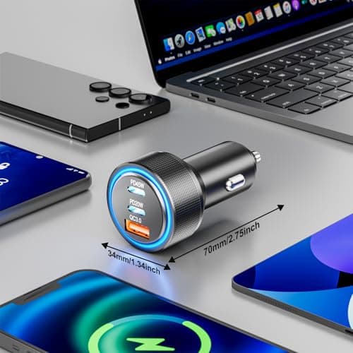 ANEXTIDE USB C Car Charger Fast Charging, 65W 3-Port Cigarette Lighter USB Charger with 45W PD USB-C & QC3.0 USB-A, Metal 12V/24V Car Phone Charger Adapter for iPhone, Samsung Galaxy, Pixel — view 6