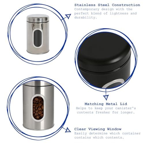 Harbour Housewares Tea Coffee Sugar Canisters Set - 3 Piece - Brushed Kitchen Canisters with Airtight Lids & Transparent Viewing Window - Stainless Steel Storage Tins for Kitchen Bench or Pantry — view 2